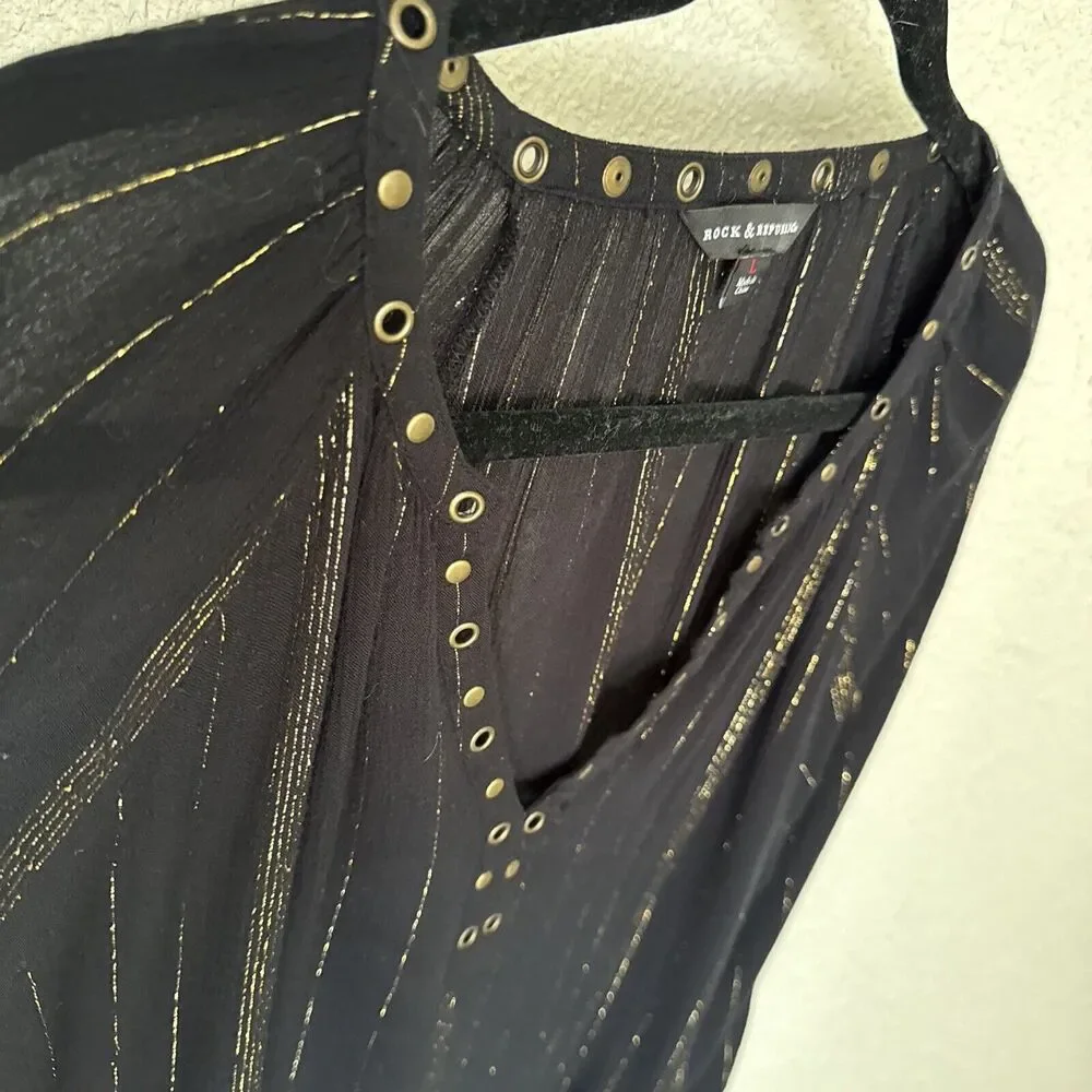 Metallic Striped Top  Night Blouse Black Gold Long Sleeve V-neck Women’s Size L - Picture 11 of 14